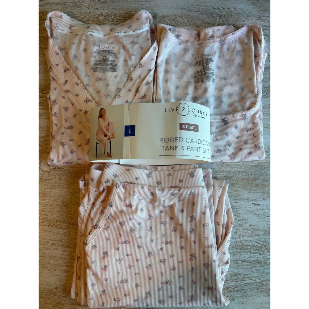 Live 2 Lounge 3 Piece Pajama Set Womens Large Pink Floral Cardigan Tank Pants - Picture 3 of 14